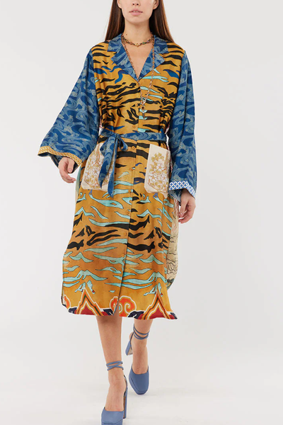 Tropical Jungle Tiger Unique Print Long Sleeve Belt Pocketed Kimono Coat