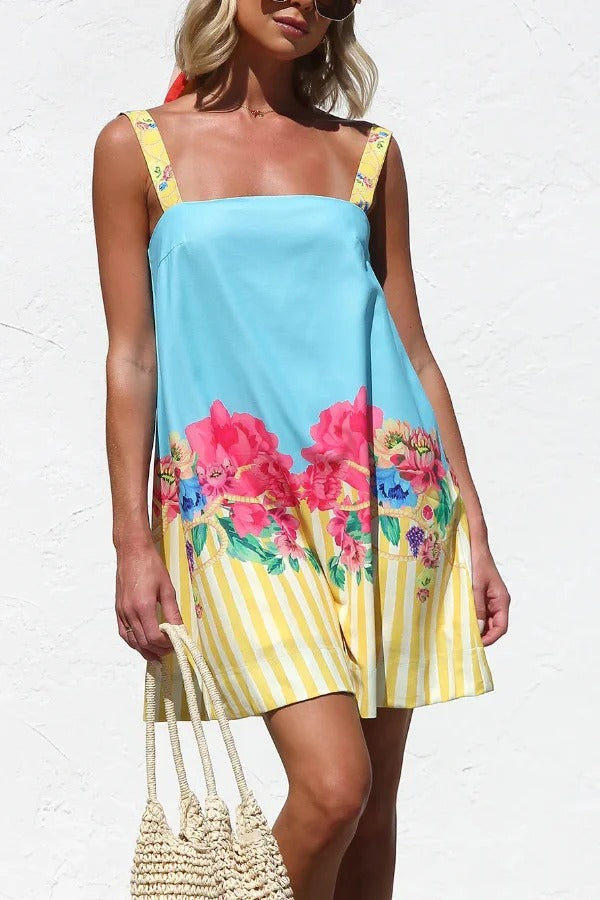 Floral Striped Print Square Neck Backless Loose Mini Dress
