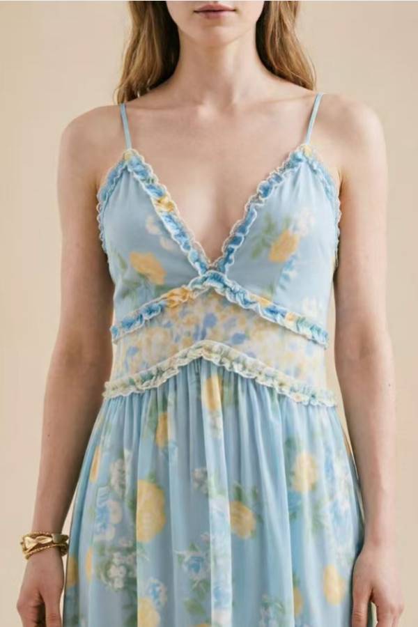 Floral Ruffle Criss‑Cross Back Cami Vacation Maxi Dress