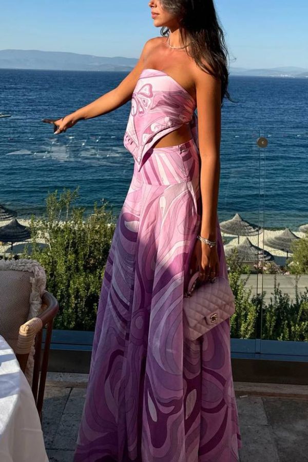 Nessie Satin Unique Print Scarf Tube Top and High Rise A-line Maxi Skirt Set