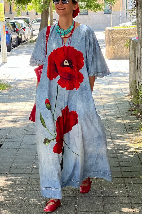 Poppy Imitation Denim Fabric Printed Bell Sleeve Pocketed Loose Maxi Dress