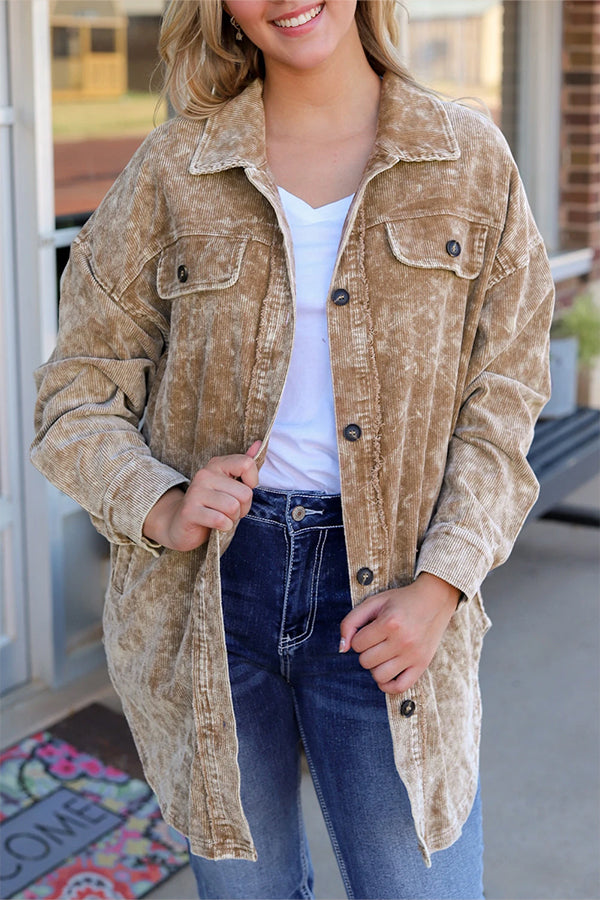 Khaki Vintage Distressed Mineral Wash Oversized Shacket