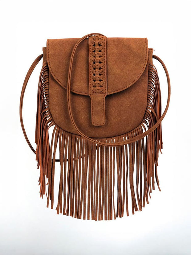 Women Semi Circular Leather Tassel Crossbody Bag