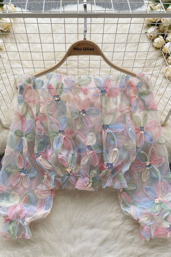 3D Floral Mesh Off Shoulder Blouse