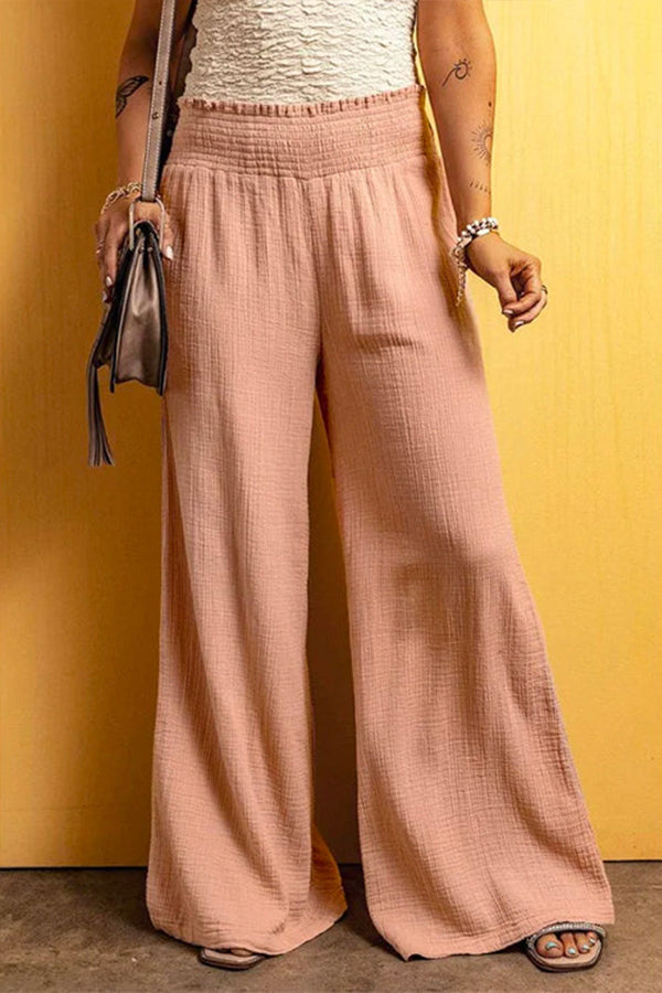 Smocked Elastic Waist Wide Leg Cotton Linen Pants