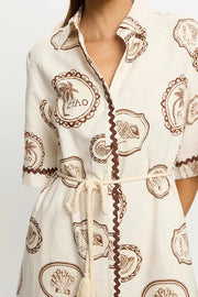 Resort Style Print Lapel Short Sleeves Casual Pocket Waist Tie Loose Midi Dress