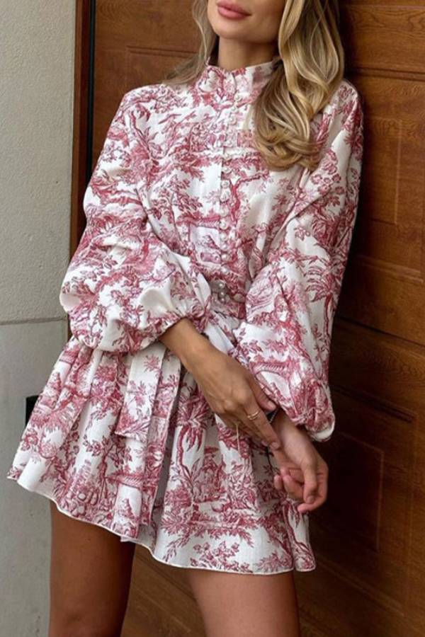 Retro Print Stand Collar Lantern Sleeve Fitted Waist Dress