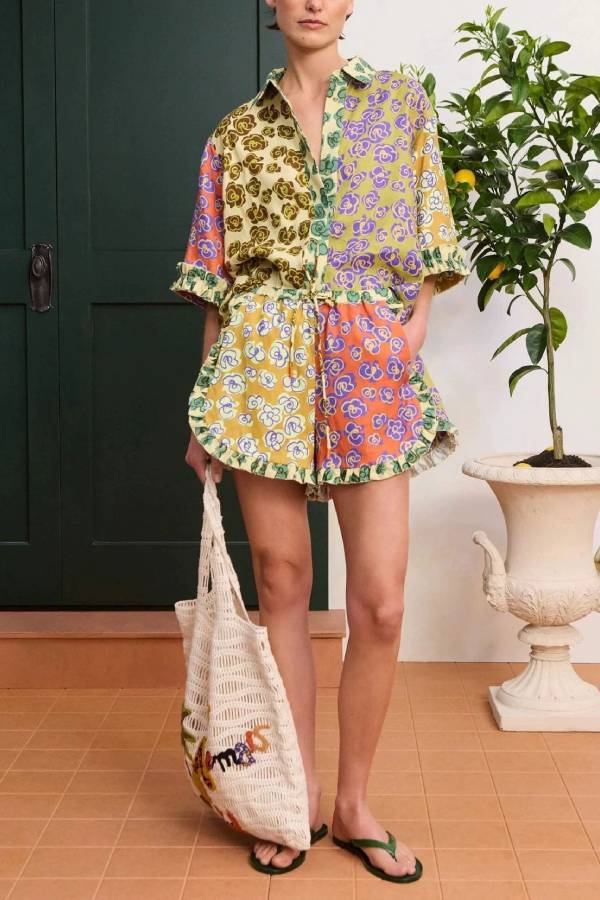 Color Block Floral Print Shirt & Shorts Two‑Piece Set
