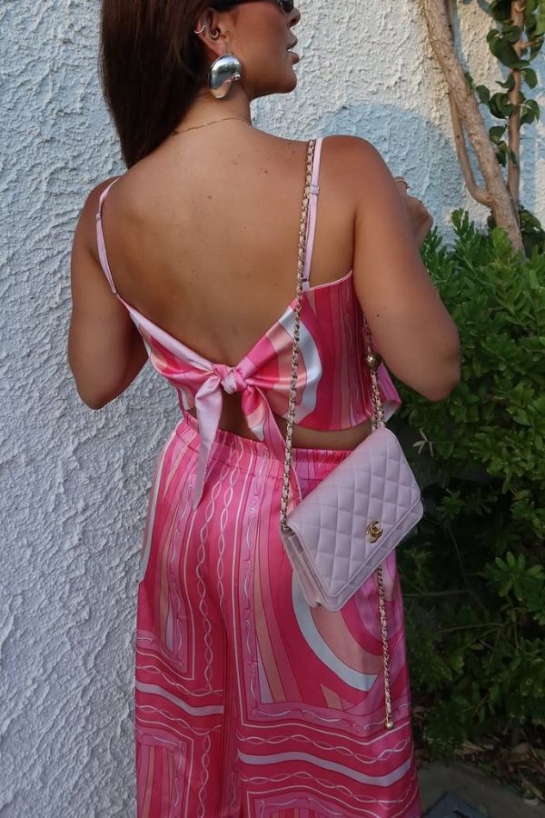 Caroline Satin Unique Print Scarf Tank and Elastic Waist Wide Leg Pants Set