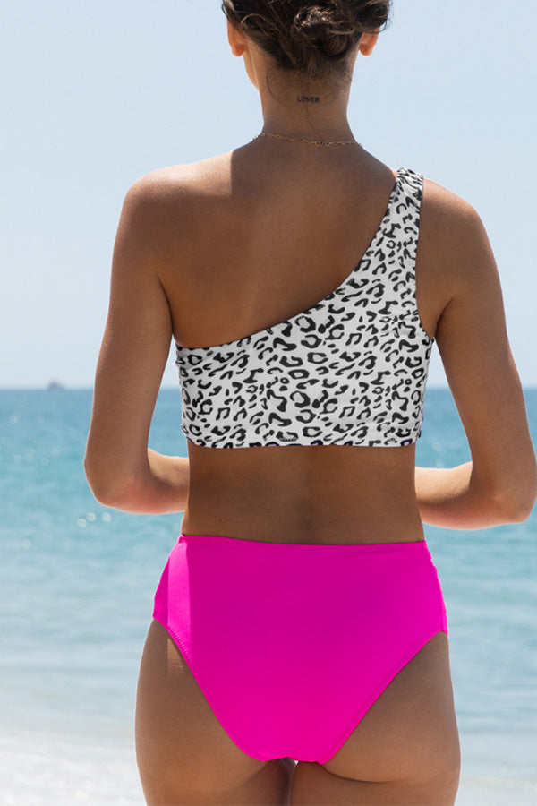 Wild Leopard Cutout One Shoulder Hotpink Bikini Set
