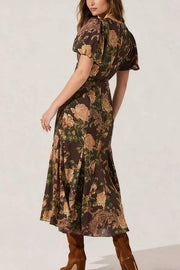 V Neck Puff Short Sleeves Floral Print Midi Dress