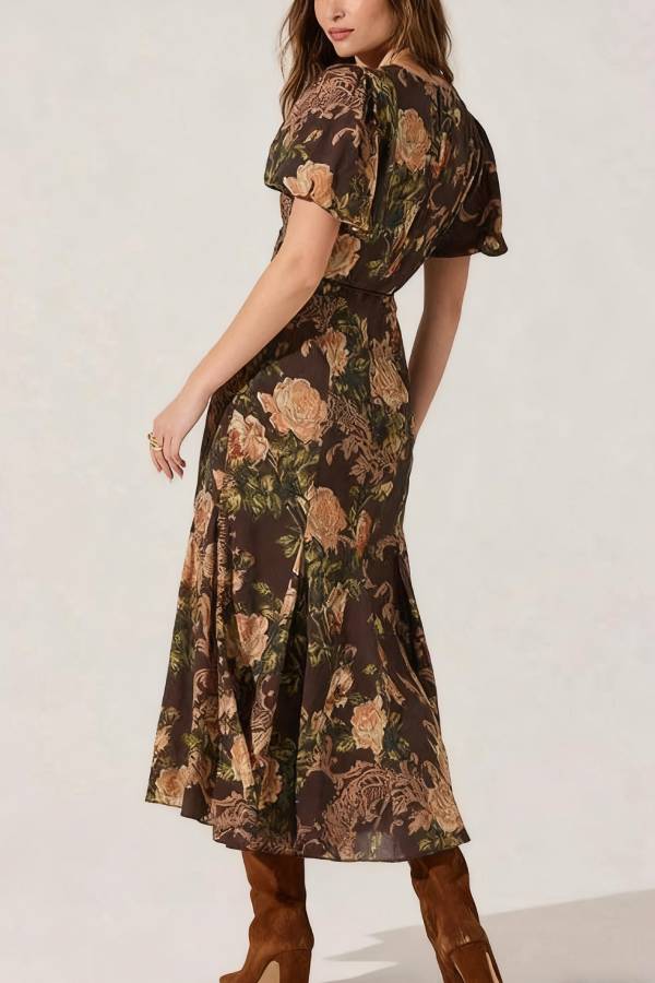 V Neck Puff Short Sleeves Floral Print Midi Dress