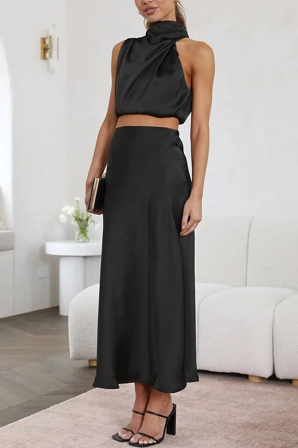 Such A Vibe High Neck Satin Drape Maxi Skirt Set