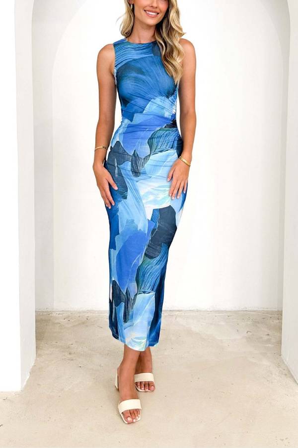 Art Print Sleeveless Fitted Maxi Dress