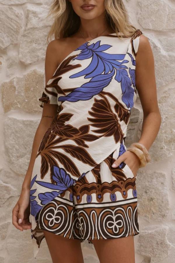 Waist-Cinching Asymmetrical Loose Shorts Set
