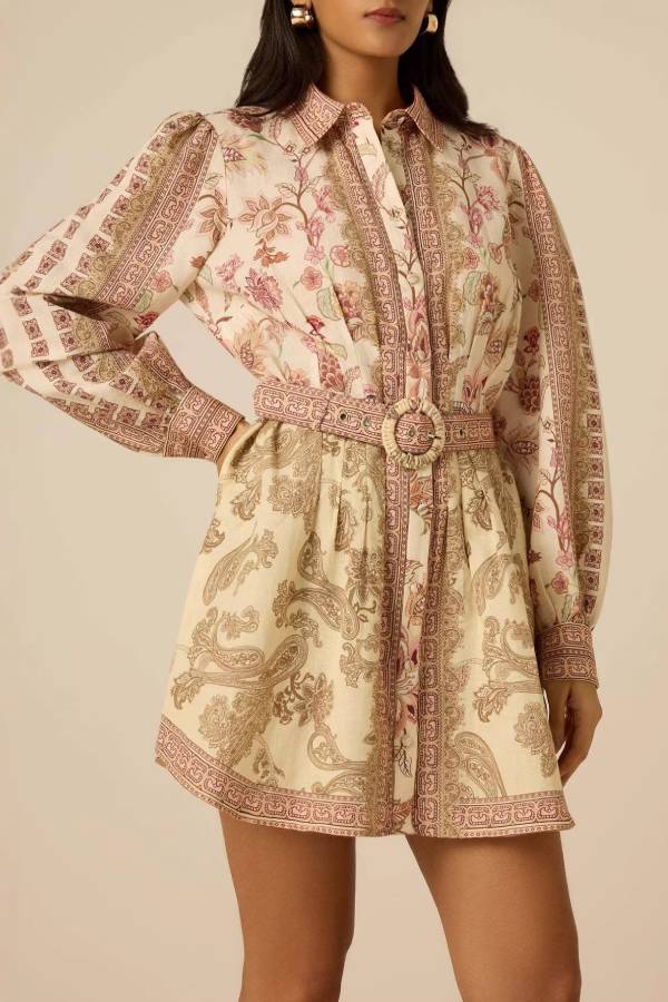 Vintage Paisley Print Belted Shirt Mini Dress