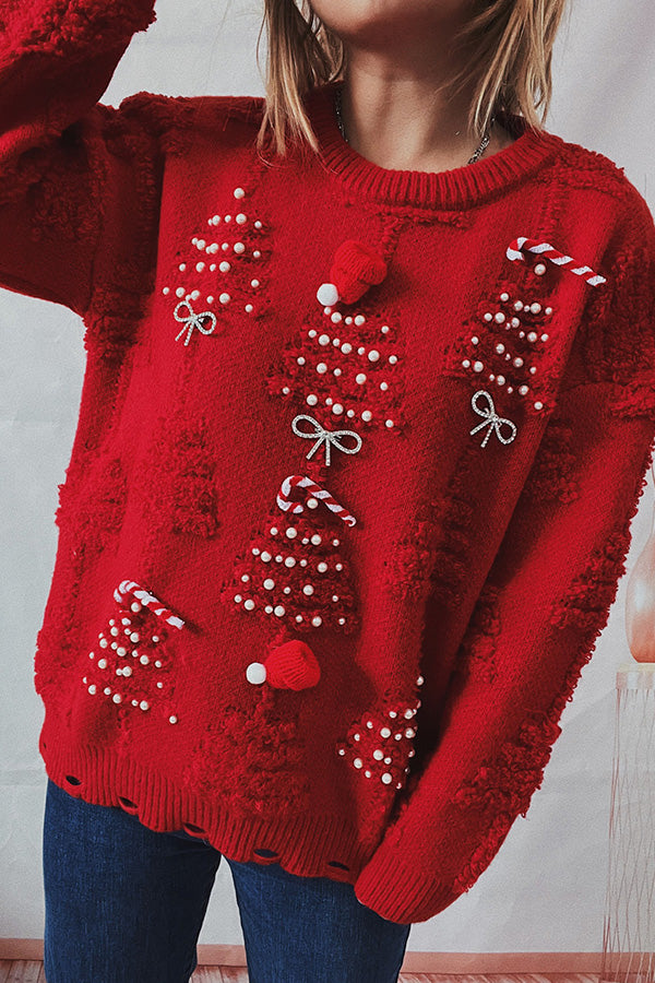 Handmade pearl Christmas theme sweater three-dimensional decorative sweater