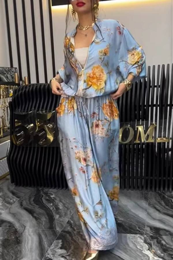 Light Blue Floral Print Zip Top & Wide Leg Pants Set