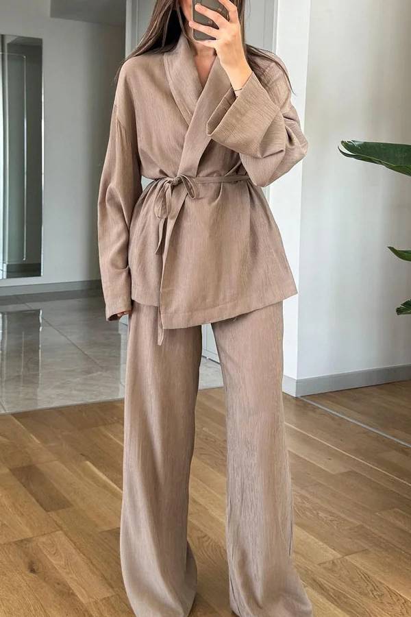 Casual Solid Color Lappel Top & Pants Two-Piece Set