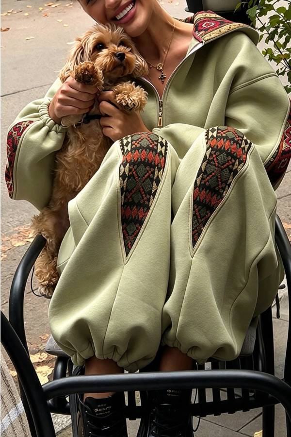 Ethnic-style Print Patchwork Zip Long Sleeve Hoodie and Elastic Waist Pocket Jogger Set