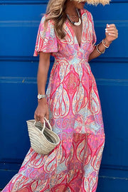 Bohemian V-neck waist short-sleeved floor-length dress