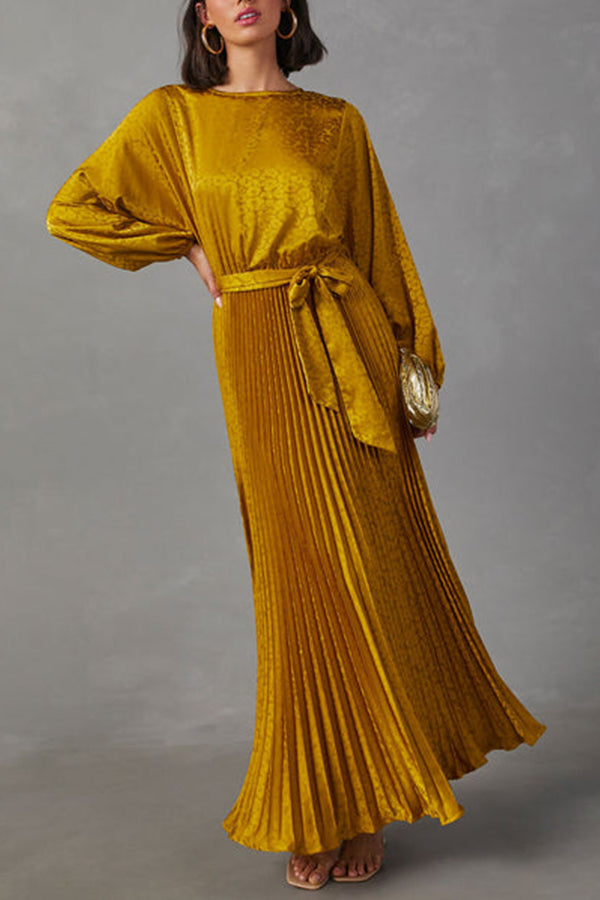 Look Like Fairytale Satin Kimono Sleeve Belt Pleated Maxi Dress