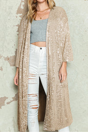 Apricot Sequin 3/4 Sleeve Open Front Duster Cardigan