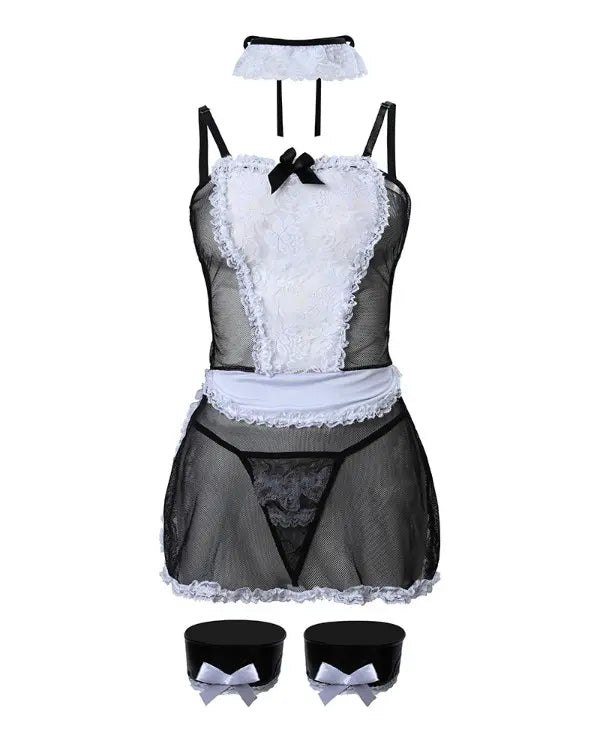 Bowknot Decor Contrast Lace Lingerie Costume Set