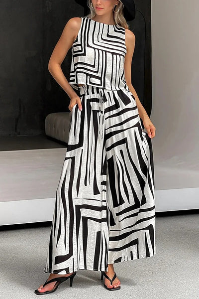 Striped Printed Sleeveless Casual Top and Elastic Waist Loose Pocket Wide-leg Pants Set