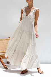 V Neck Ruffle Trim Tiered Sleeveless Linen Maxi Dress