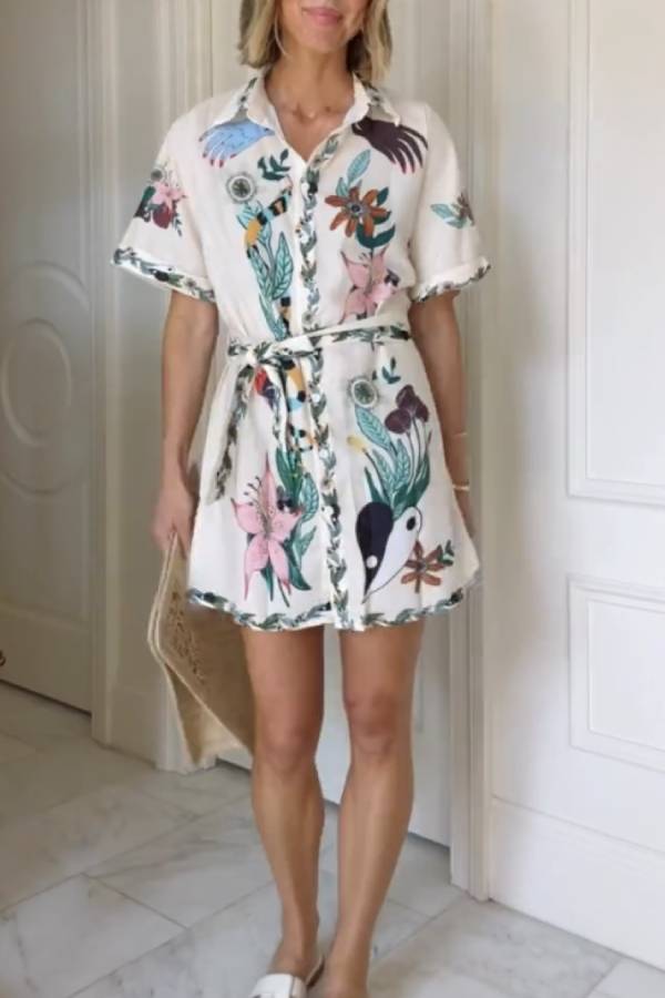 Floral Print Mini Dress Short Sleeve Shirt Dress