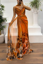 In A Dreamland Chiffon Floral Print Off Shoulder Pleated Scarf Slit Maxi Dress