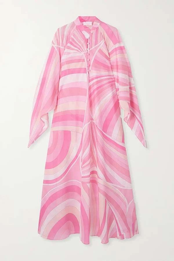 Jodie Chiffon Unique Print Stand Neck Buttons Butterfly Sleeves Kaftan Maxi Dress