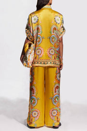 Exquisite Satin Unique Cashew Flower Print Loose Wide-Leg Pants