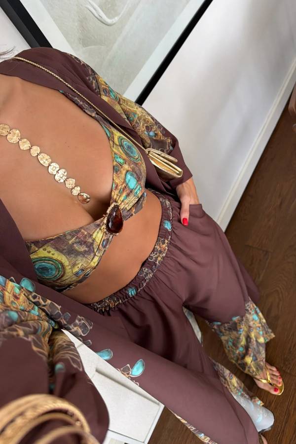 Vintage Print Kimono Cami Wide‑Leg Pants Three‑Piece Set
