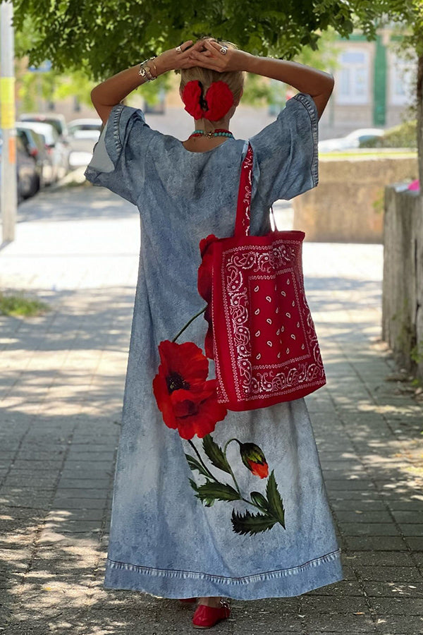 Poppy Imitation Denim Fabric Printed Bell Sleeve Pocketed Loose Maxi Dress