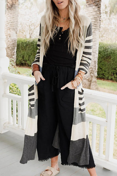 Striped Pockets Open Front Split Long Cardigan