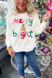 White Glitter Merry & Bright Round Neck Knit Sweater