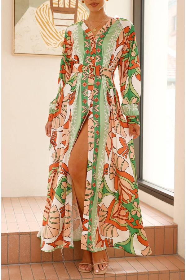 Autumn Maxi Dress - Orange/Green Print