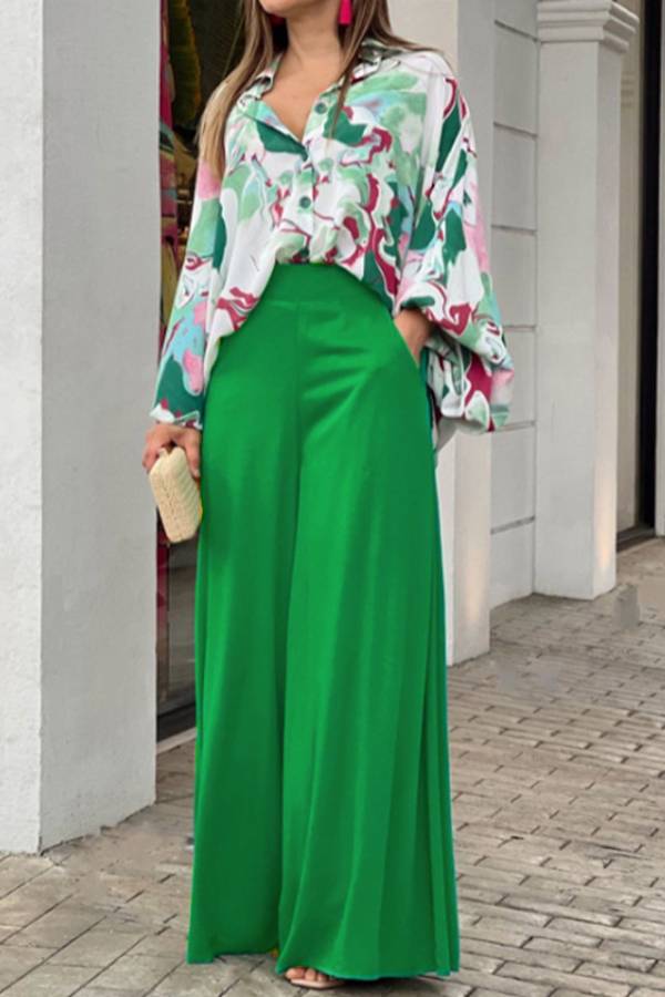 Artistic print satin wide-leg pants suit