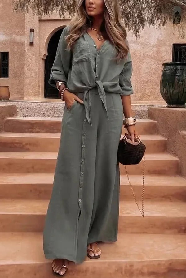 Solid Color Lapel Casual Button-down Shirt and Loose Pocket Slit Wide-leg Pants Set