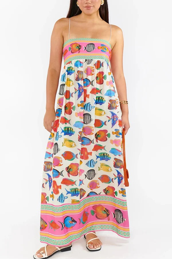 Tropical Fish Print Sling Back Pleated Holiday Maxi Dress