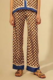 Unique Checkerboard Print Blue Stripe Splicing Loose Elastic Pants