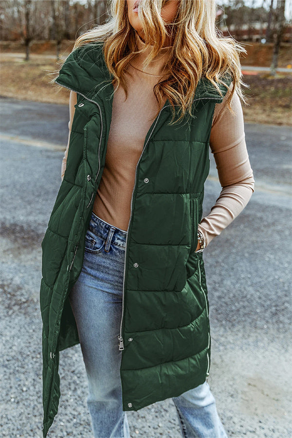 Hooded Pocketed Quilted Long Vest Coat