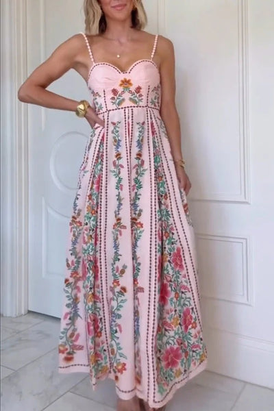 Delicate Forest Unique Print Sweetheart Neck Beaded Straps Maxi Dress