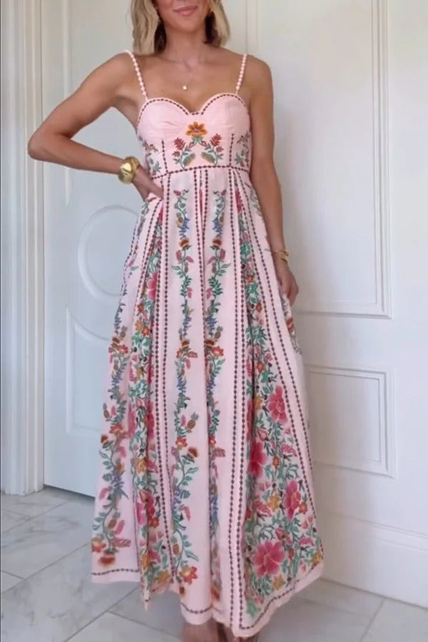 Delicate Forest Unique Print Sweetheart Neck Beaded Straps Maxi Dress