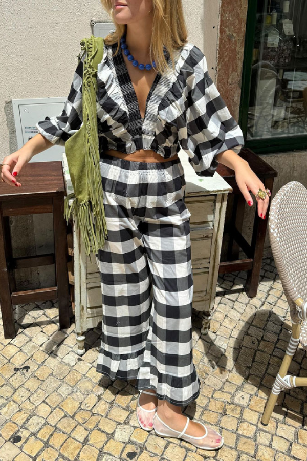 Classic Check V-Neck Top & Pants Two-Piece Set