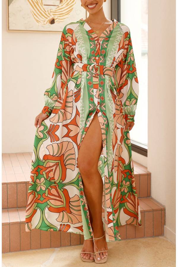 Autumn Maxi Dress - Orange/Green Print