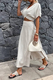 Casual Solid V-Neck Top & Skirt Two-Piece Set