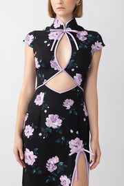 Lavender Flower Print Cutout Bow Details Thigh-high Slit Cheongsam Maxi Dress